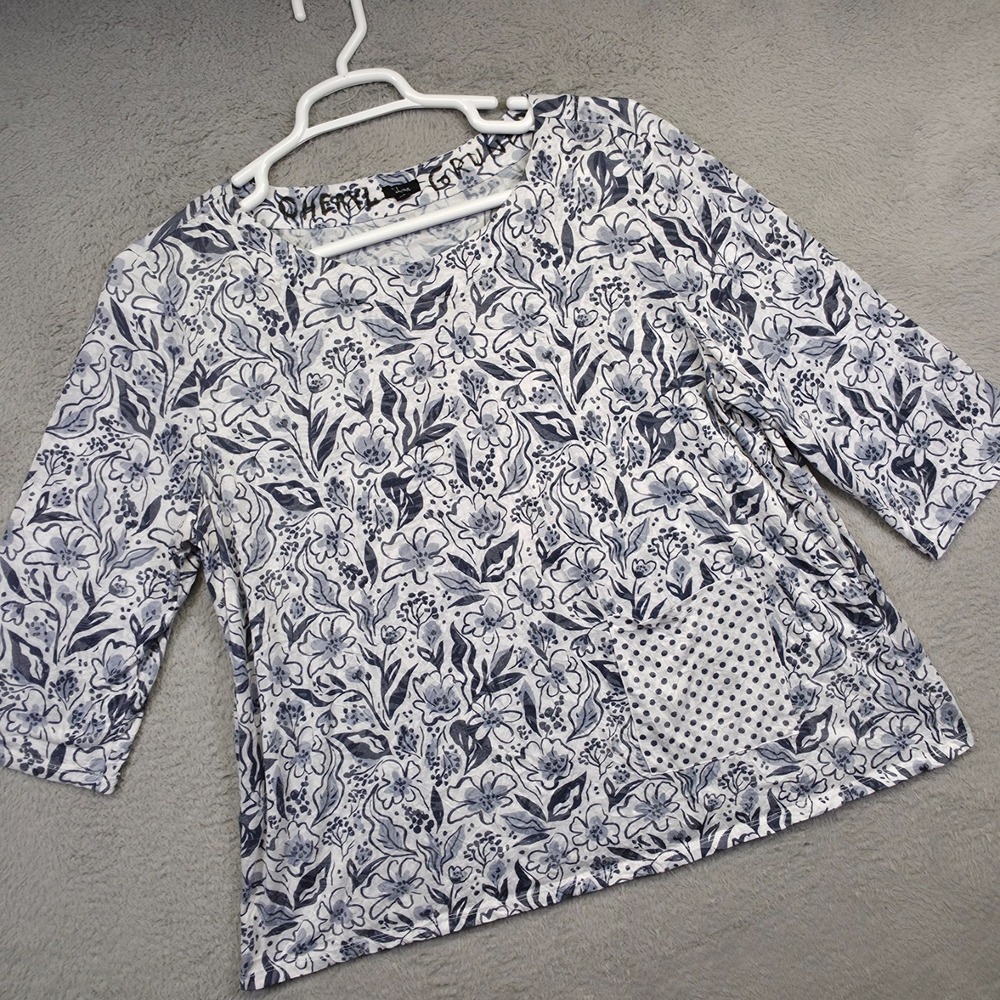 Shana Top Womens L Blue Floral‎ Wearable Art Crinkle Flowy Tunic Lounge Pocket